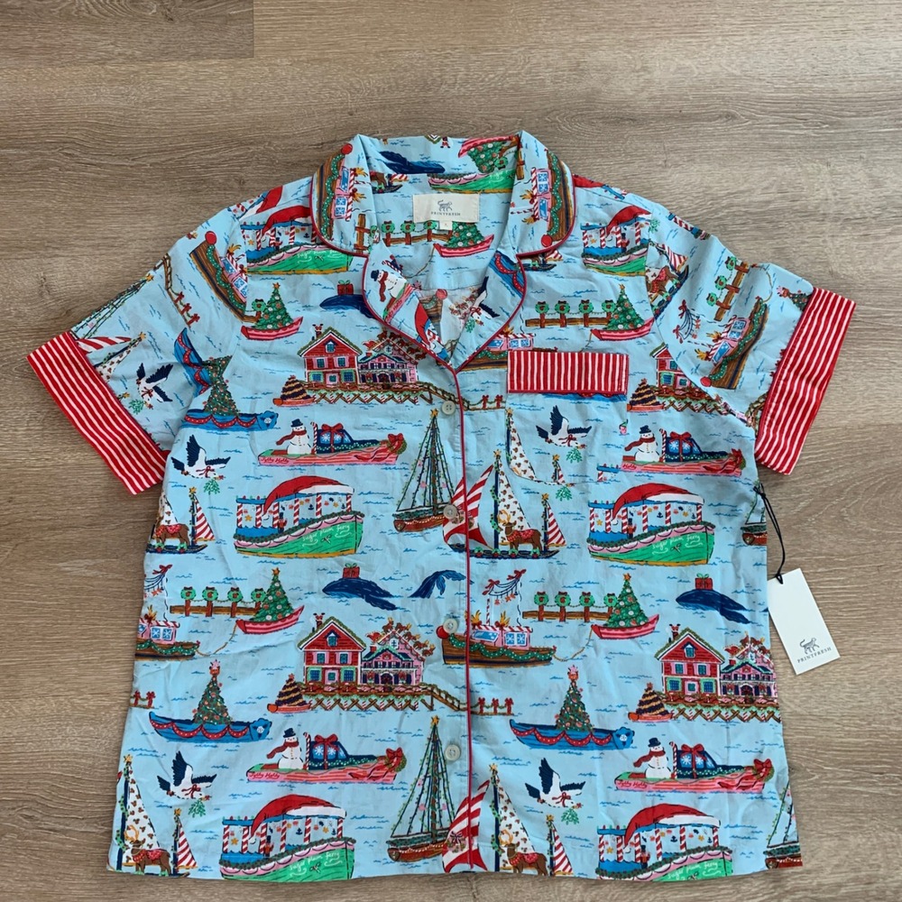 Printfresh Women Nautical Christmas Pajama Top Blue Sailboat Holiday L NWT